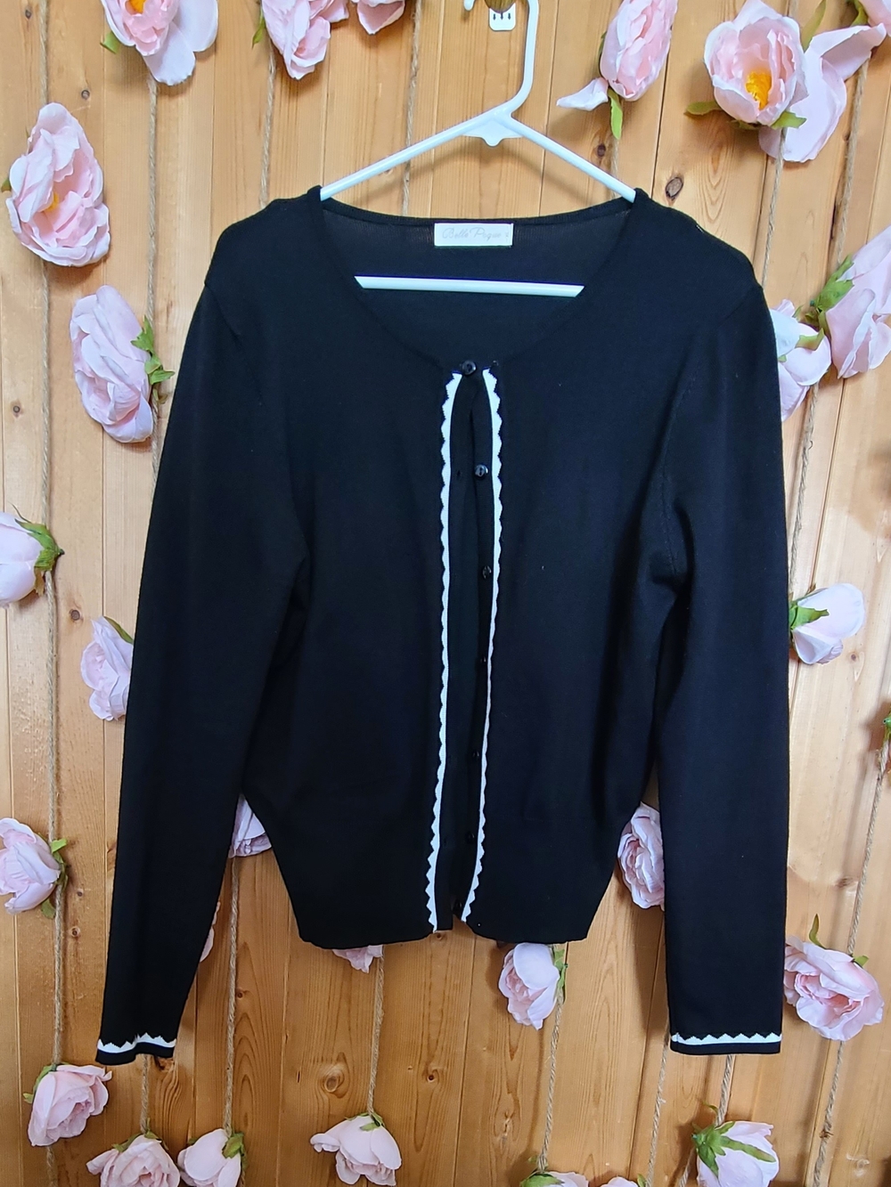 Black Women's Cardigan with White Trim - Classic Crewneck Sweater